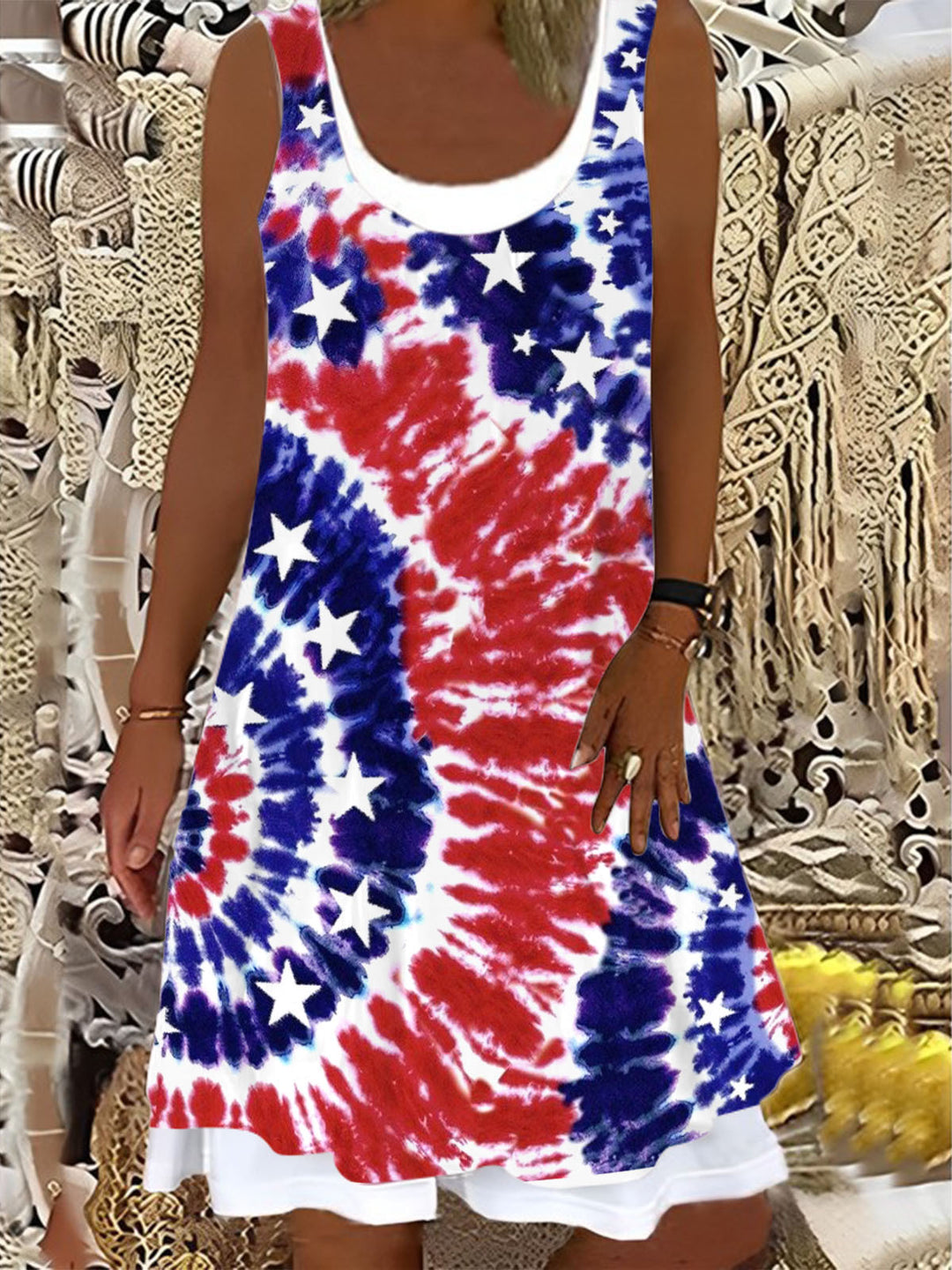Ladies Tie Dyed American Flag Print False Two Dress
