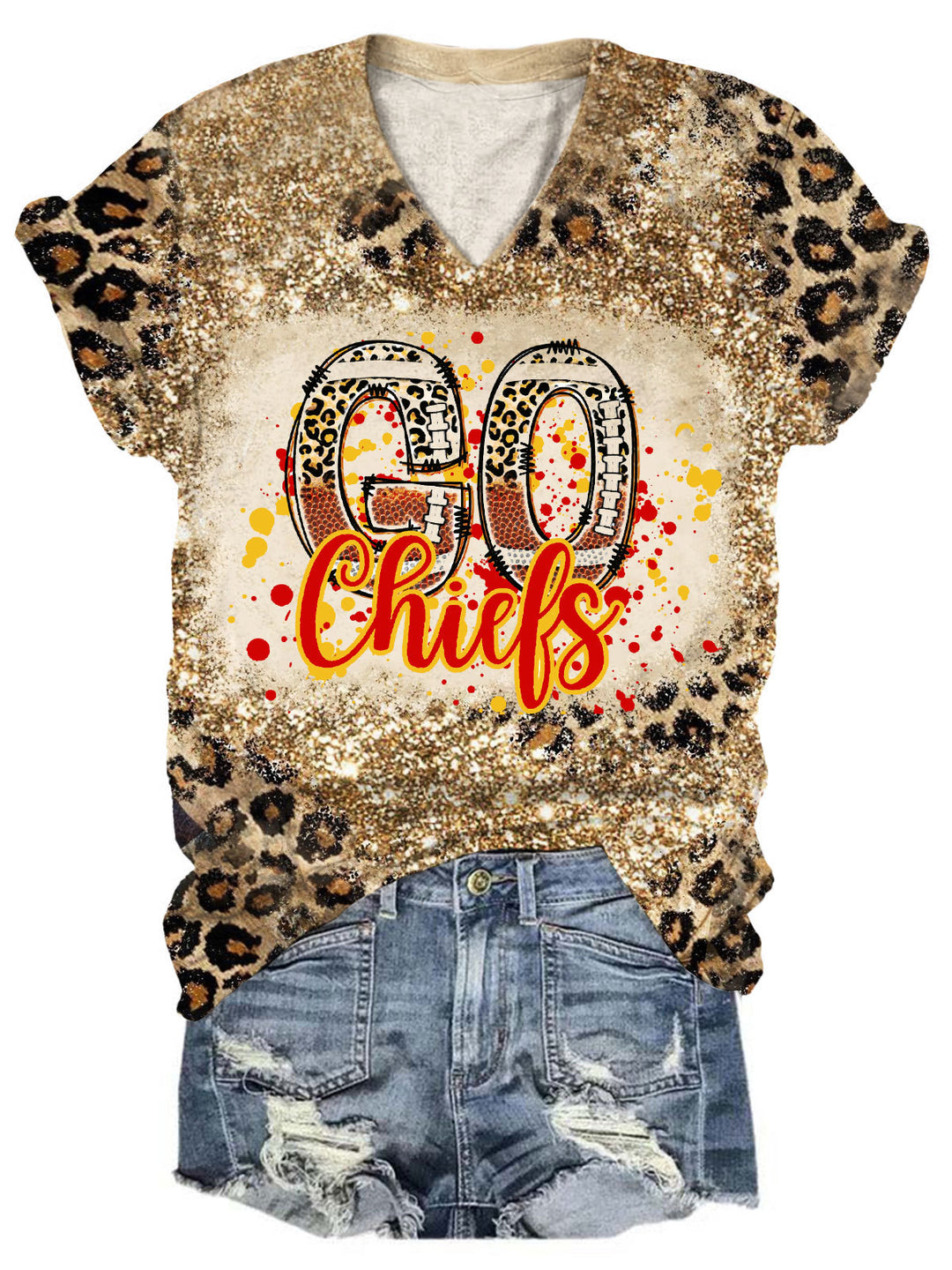 Go Chiefs Leopard Football Print V-Neck Short Sleeve T-Shirt