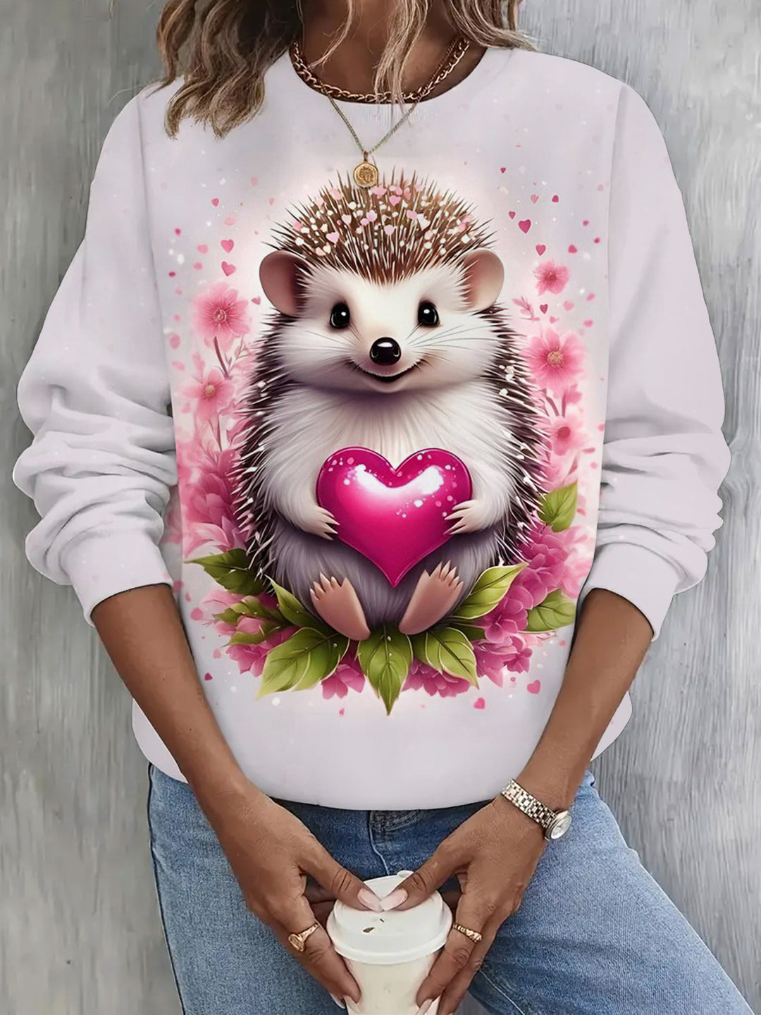Love Hedgehog Print Long Sleeve Casual Top