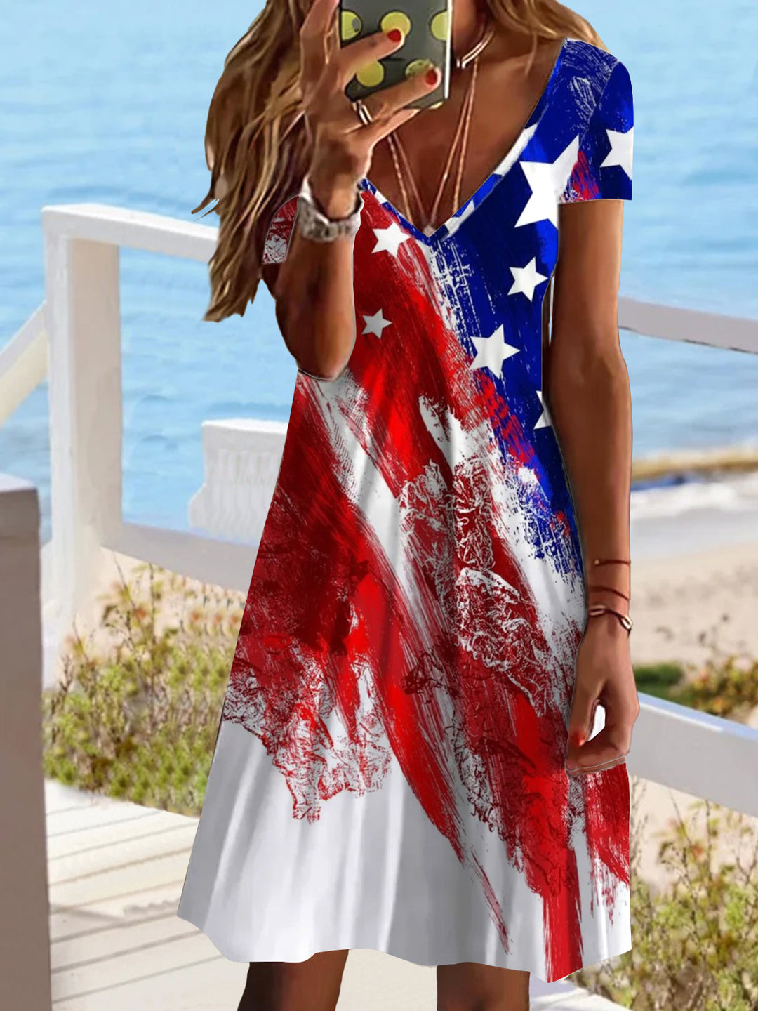 American Flag V Neck Short Sleeve Dress