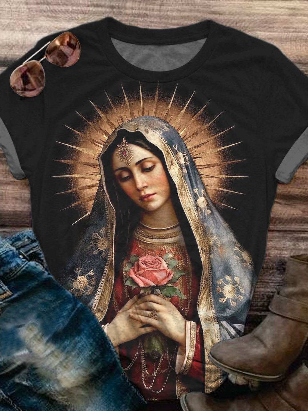 Vintage Renaissance Virgin Mary Art Print Crew Neck T-shirt