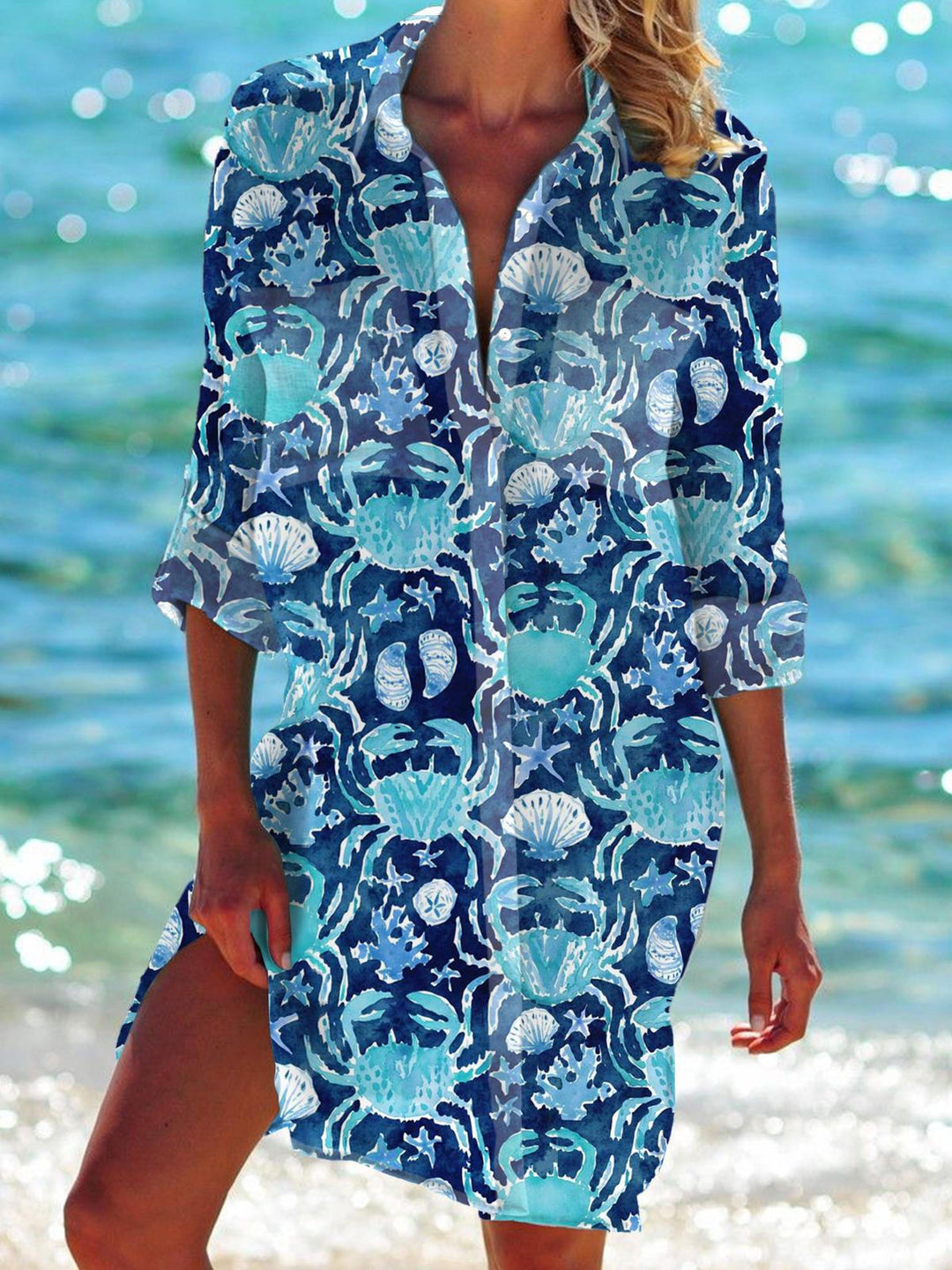 Sea Crab Long Sleeve Beach Shirt Dress