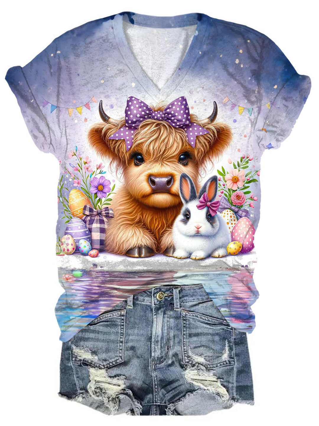 Purple Highland Cow And Bunny V-Neck T-Shirt