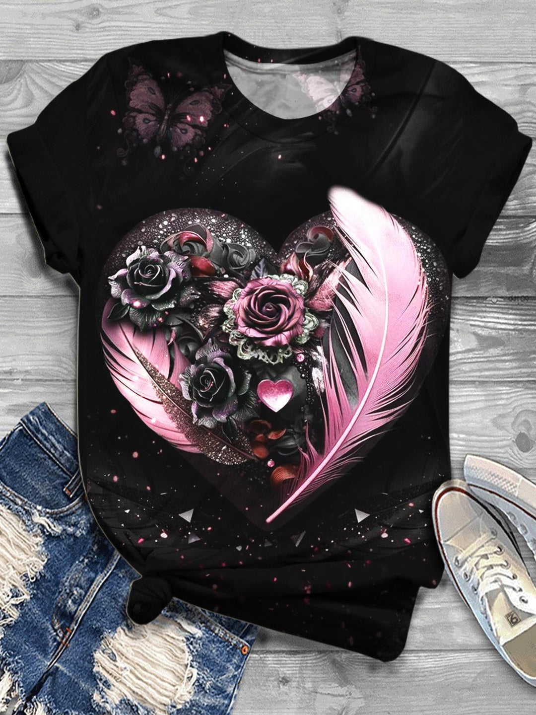 Women's Butterfly Floral Feather Heart Print Casual Top