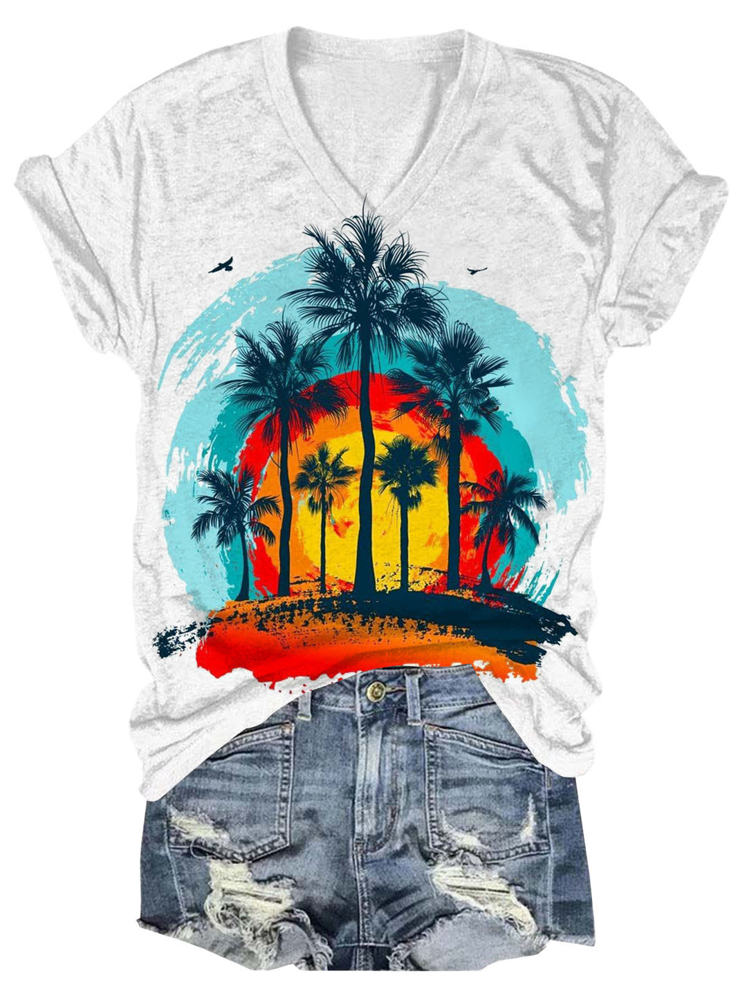Summer Coconut Tree Print V-Neck Short Sleeve T-Shirt