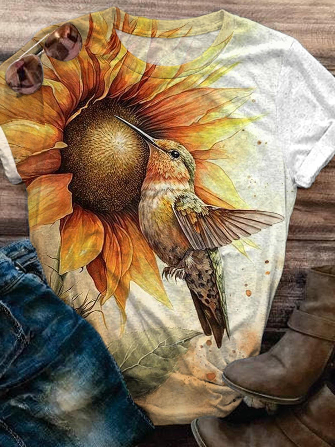 Sunflower Hummingbird Print Casual T-shirt