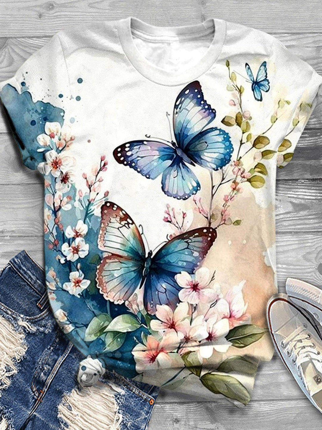 Butterfly Flower Crew Neck T-shirt