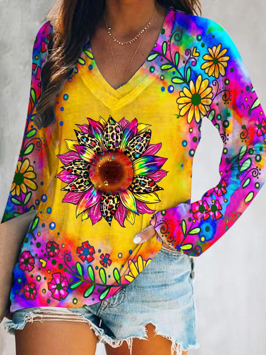 Sunflower Print V-Neck Long Sleeve Top T-Shirt