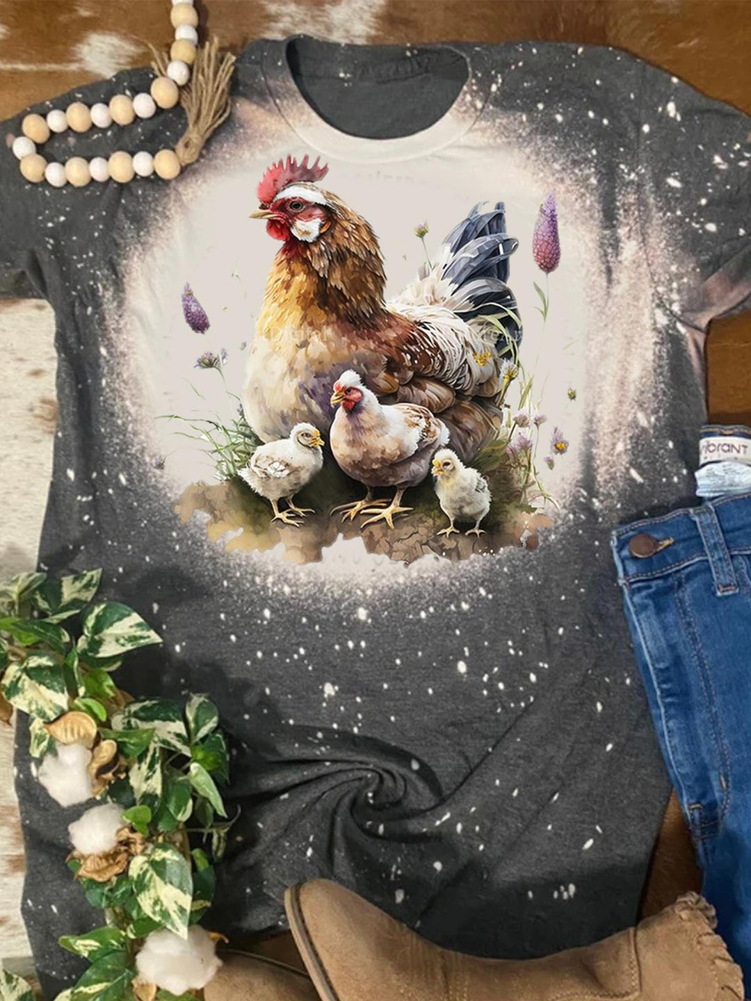 Women's Chicken Print Casual Crew Neck T-shirt