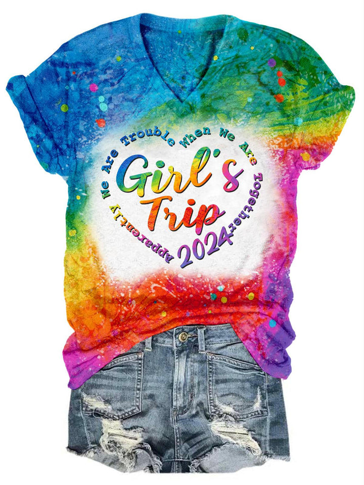 Girls' Trip 2024 Print V-Neck T-Shirt