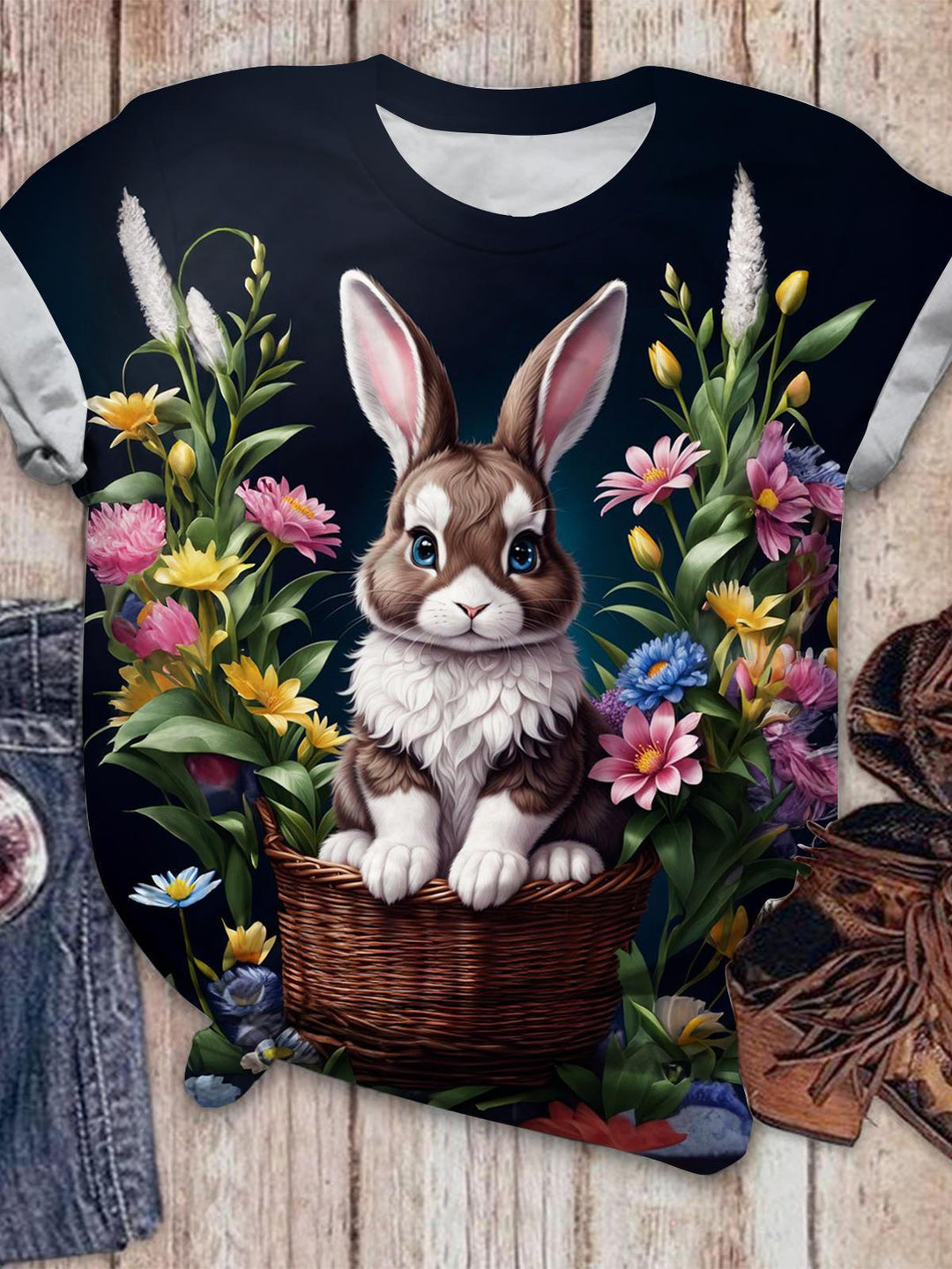 Flower Basket Bunny Crew Neck T-shirt