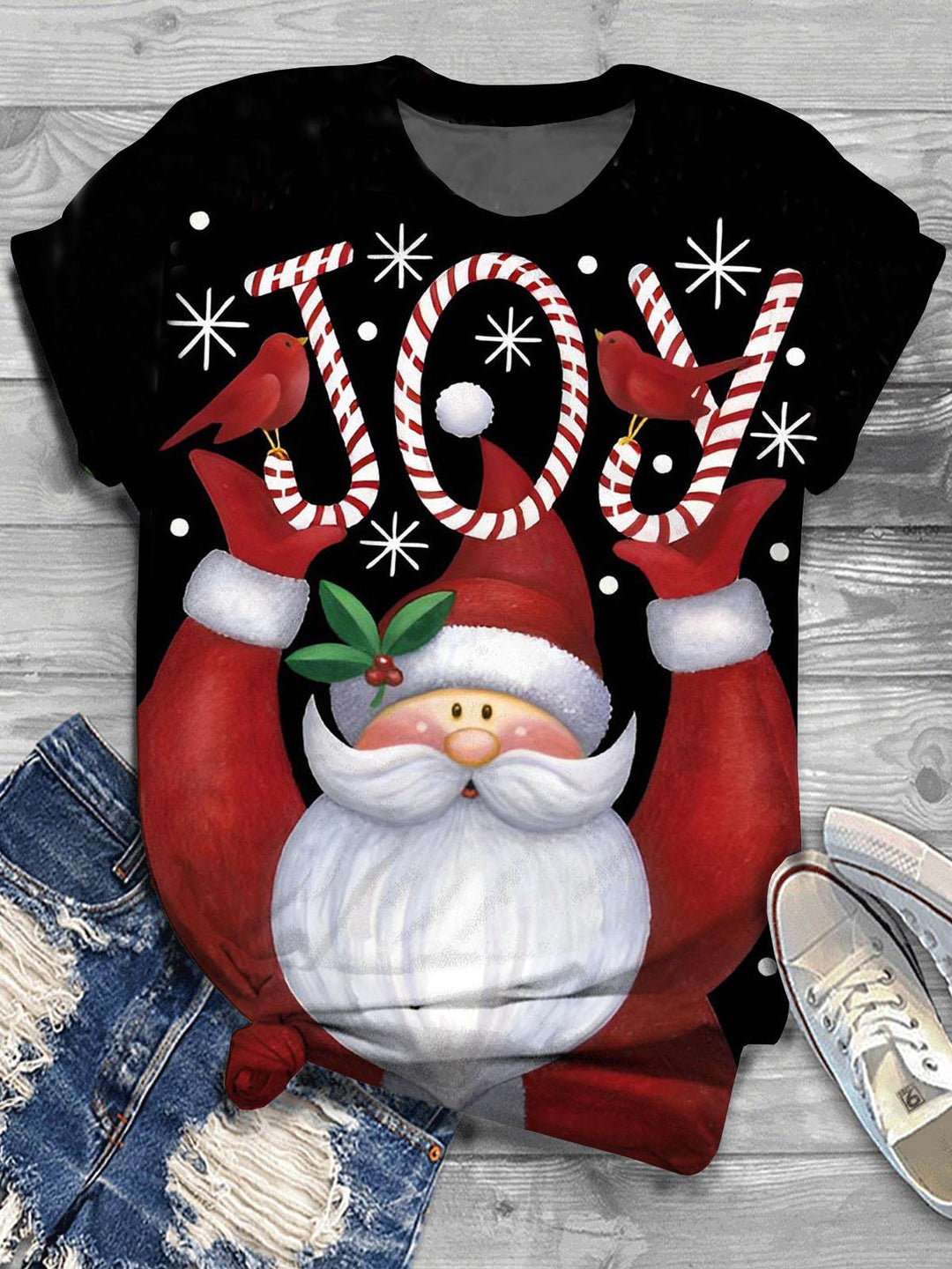 Joy Santa Print Crew Neck T-shirt