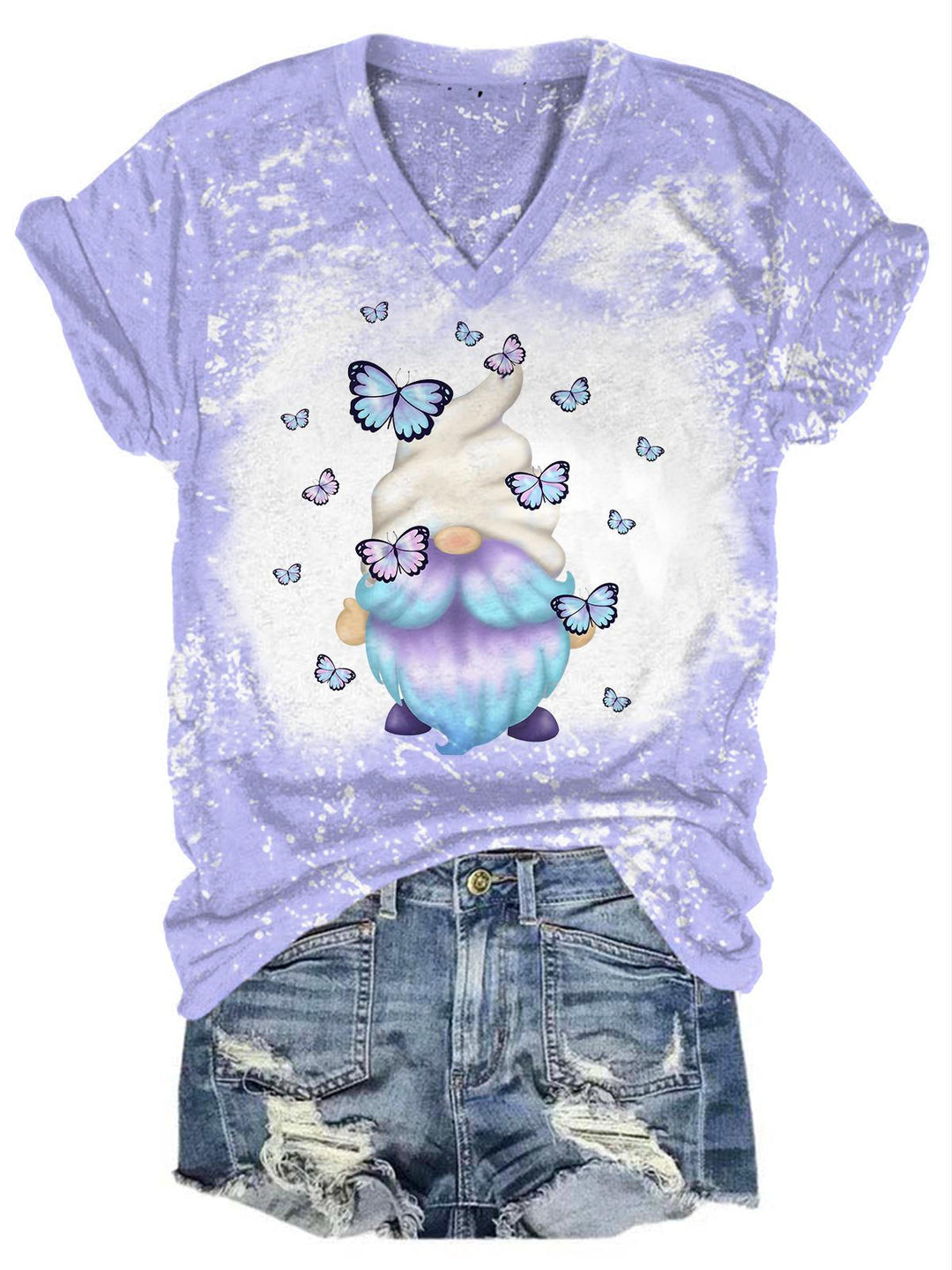 Butterfly Gnome Print V-Neck T-Shirt