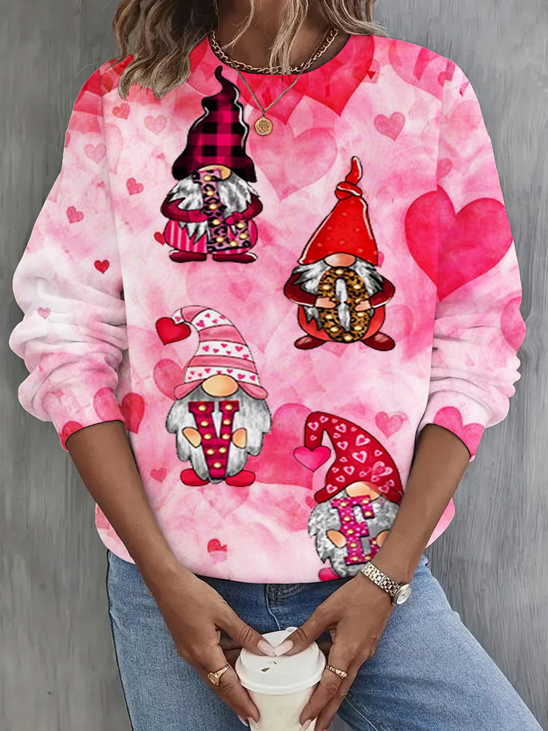 Valentine's Day Gnome Print Long Sleeve Top