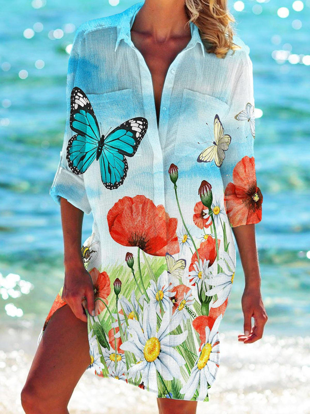 Floral Print Long Sleeve Lapel Beach Dress