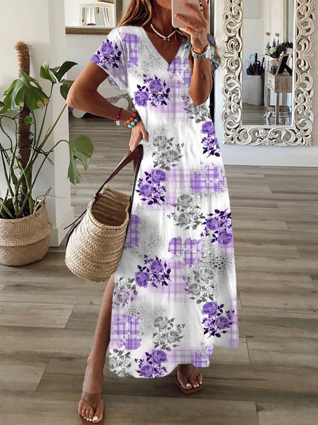 Floral Geometric Gradient Print Short Sleeve V Neck Maxi Dress