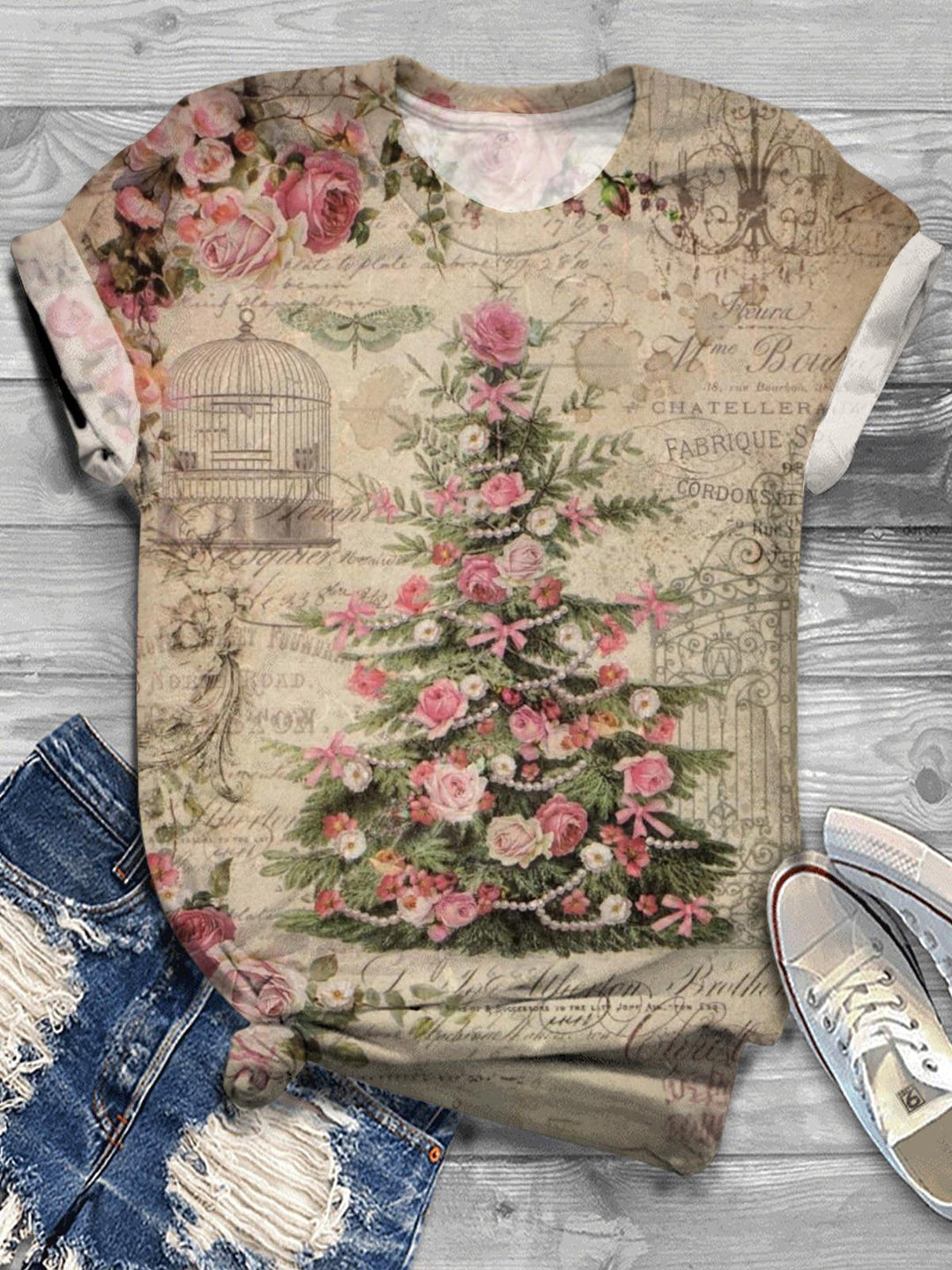 Floral Christmas Tree Crew Neck T-shirt