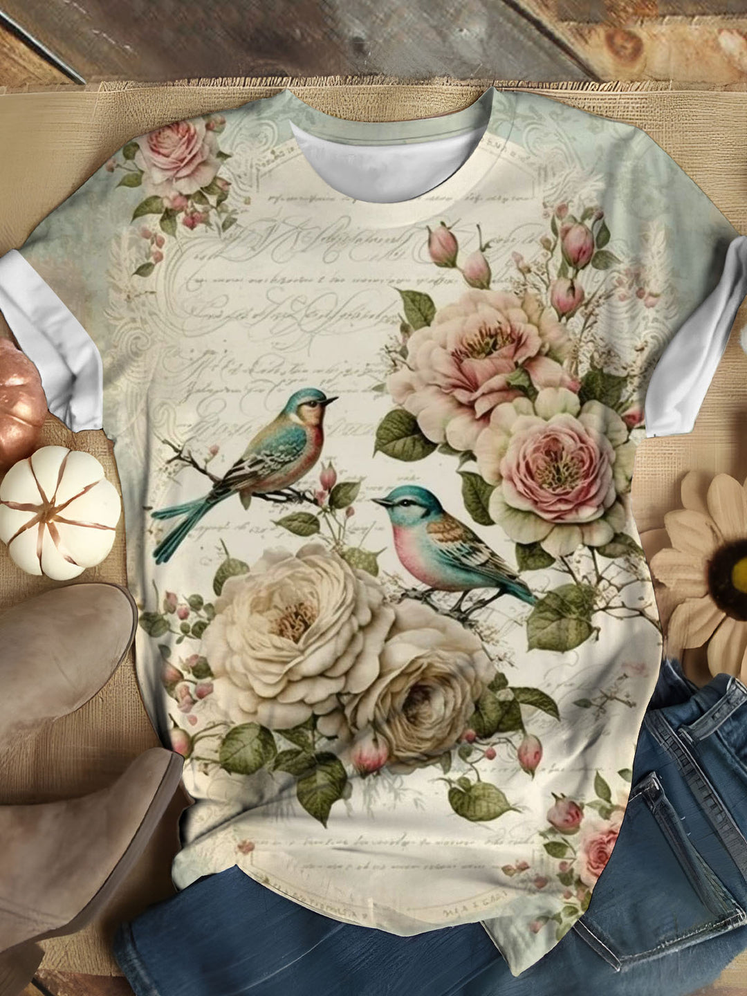 Vintage Floral and Bird Print Crew Neck T-Shirt