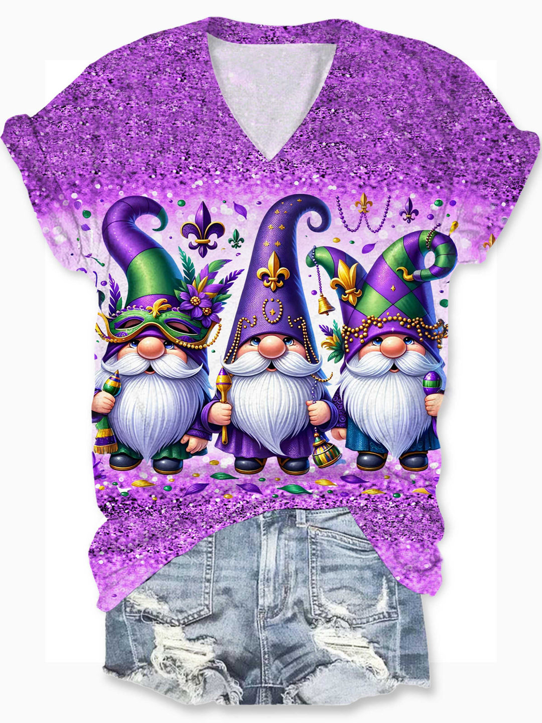 Mardi Gras Carnival Gnome Print V-Neck T-Shirt