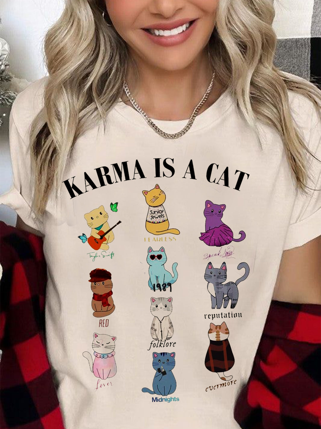 Karma Is a Cat Print Crew Neck T-shirt