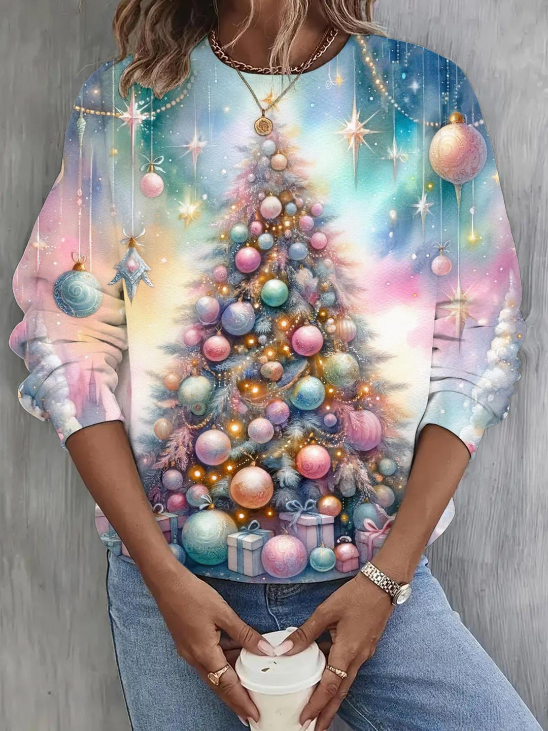 Colorful Christmas Tree Print Long Sleeve Casual Top