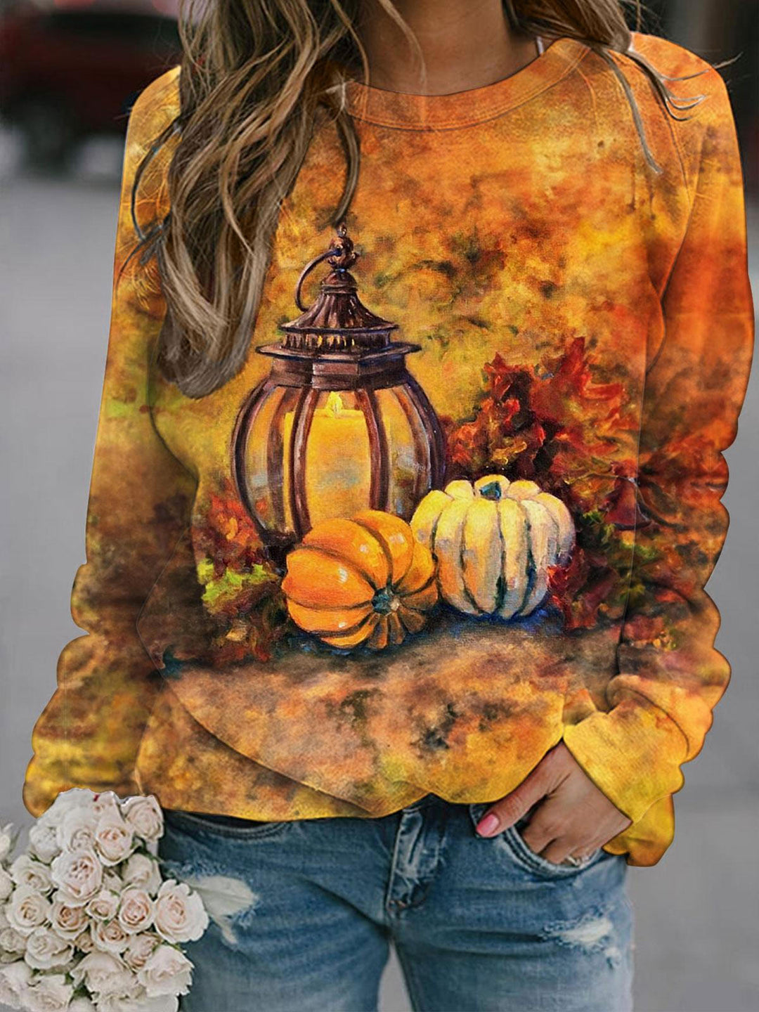 Fall Pumpkin Print Round Neck Long Sleeve Top
