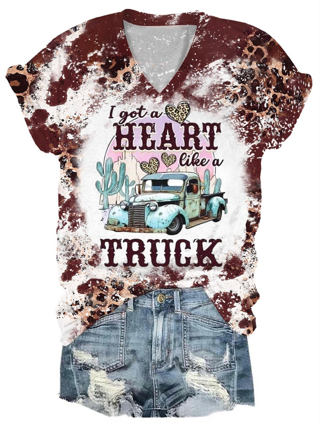 I Got A Heart Like A Truck Leopard Print V-Neck T-Shirt