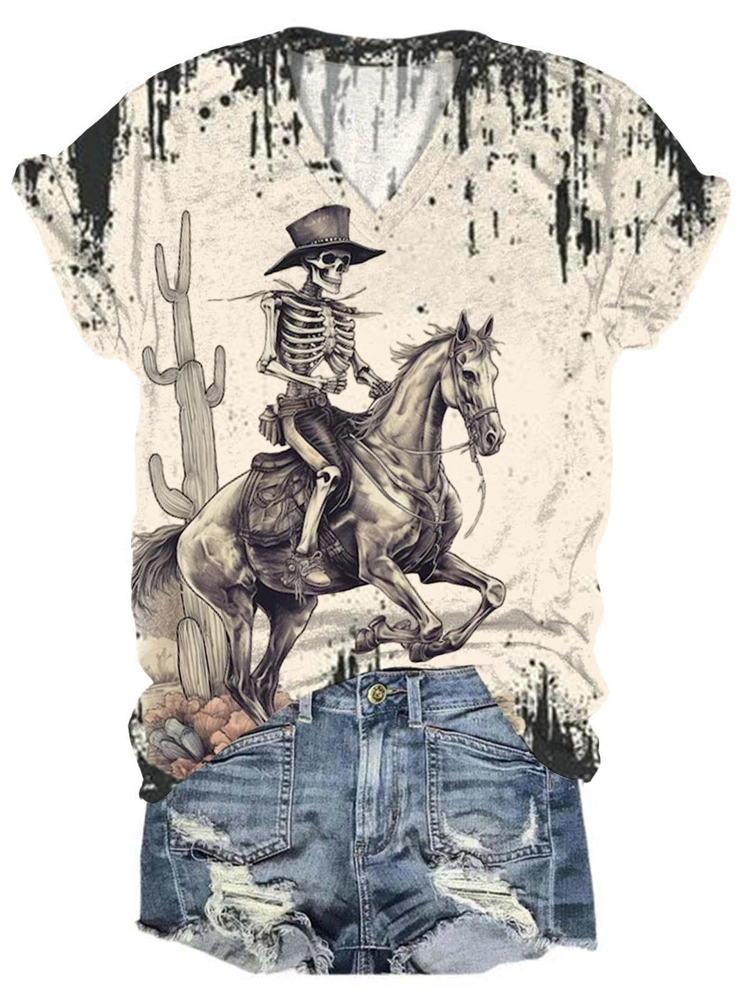 Skull Cowboy Print V Neck T-Shirt