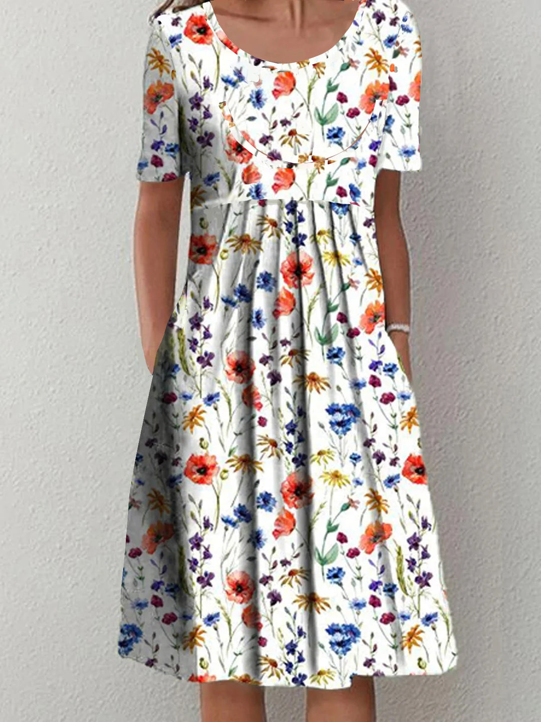 Floral Side Pockets Crew Neck Short Sleeves Dress