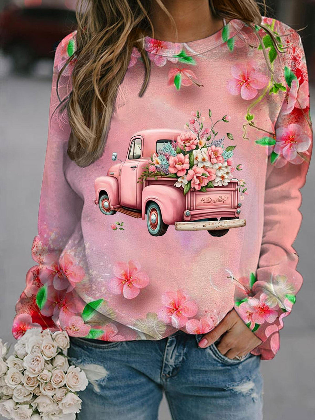 Women's Floral Truck Print Long Sleeve Top