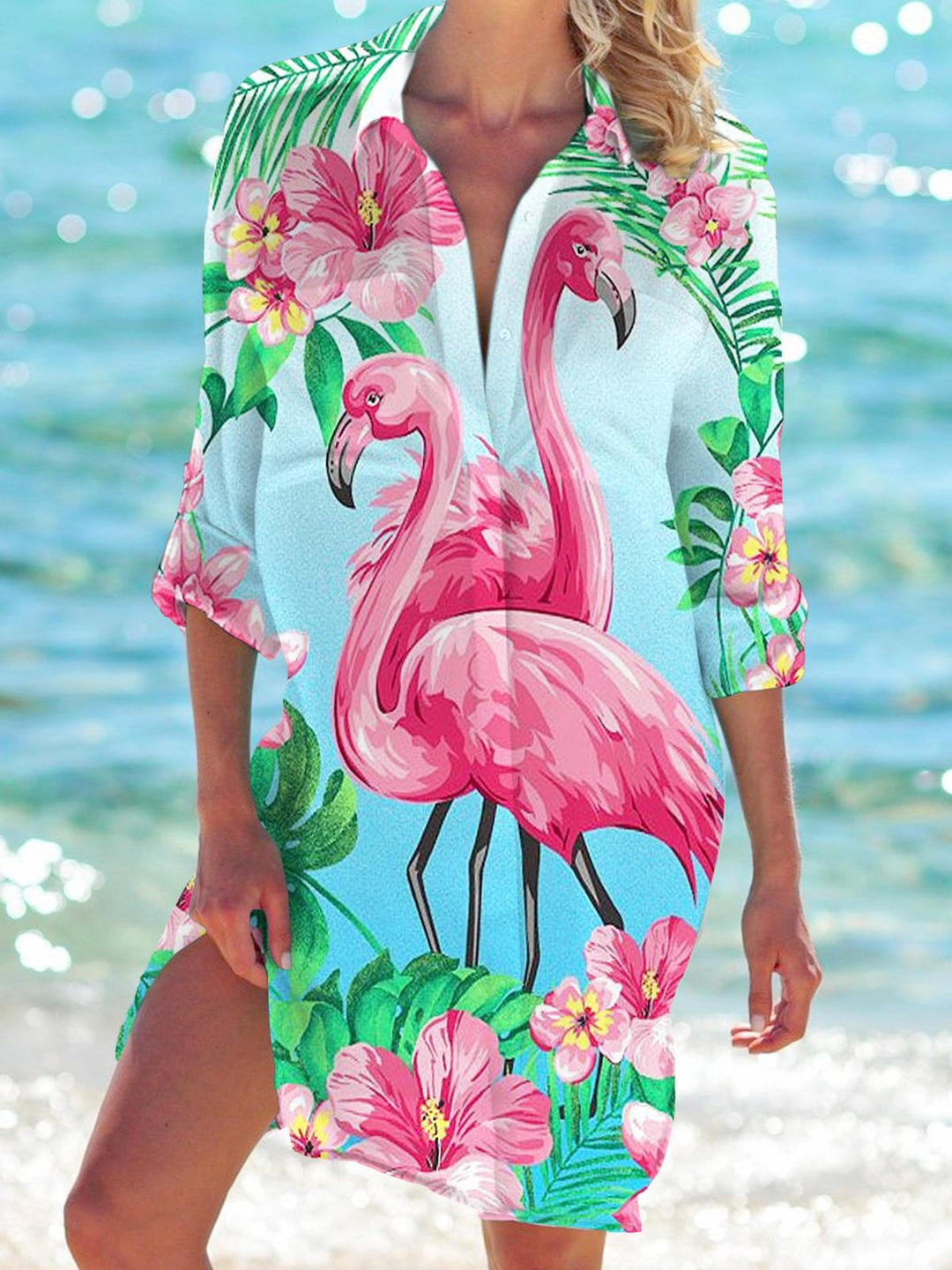 Tropical Flamingo Print Long Sleeve Beach Shirt Dress