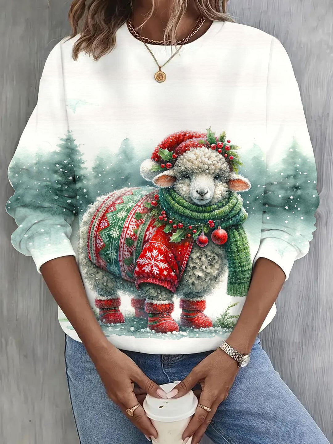 Winter Sheep Print Long Sleeve Casual Top