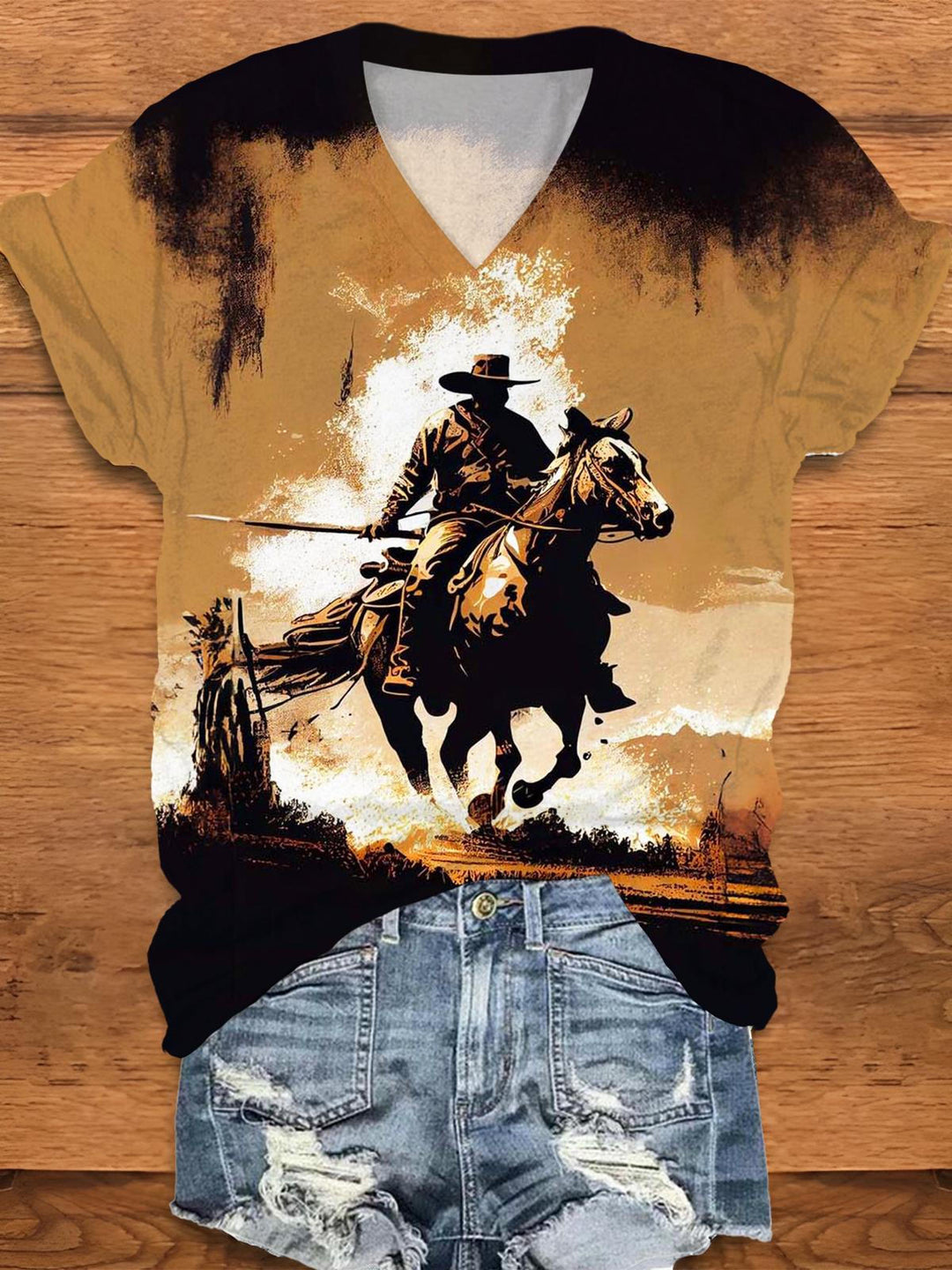 Runing Horse Cowboy V-Neck T-Shirt