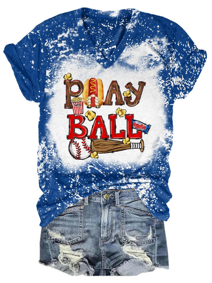 Play Ball Gnome Print Tie Dye V Neck T-Shirt