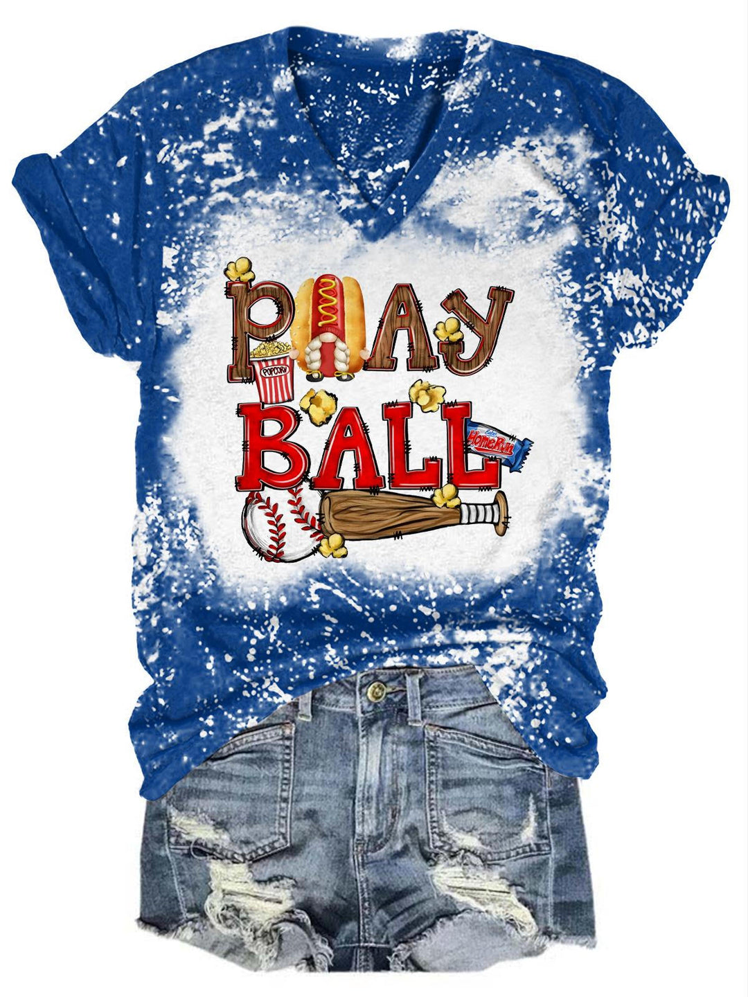 Play Ball Gnome Print Tie Dye V Neck T-Shirt