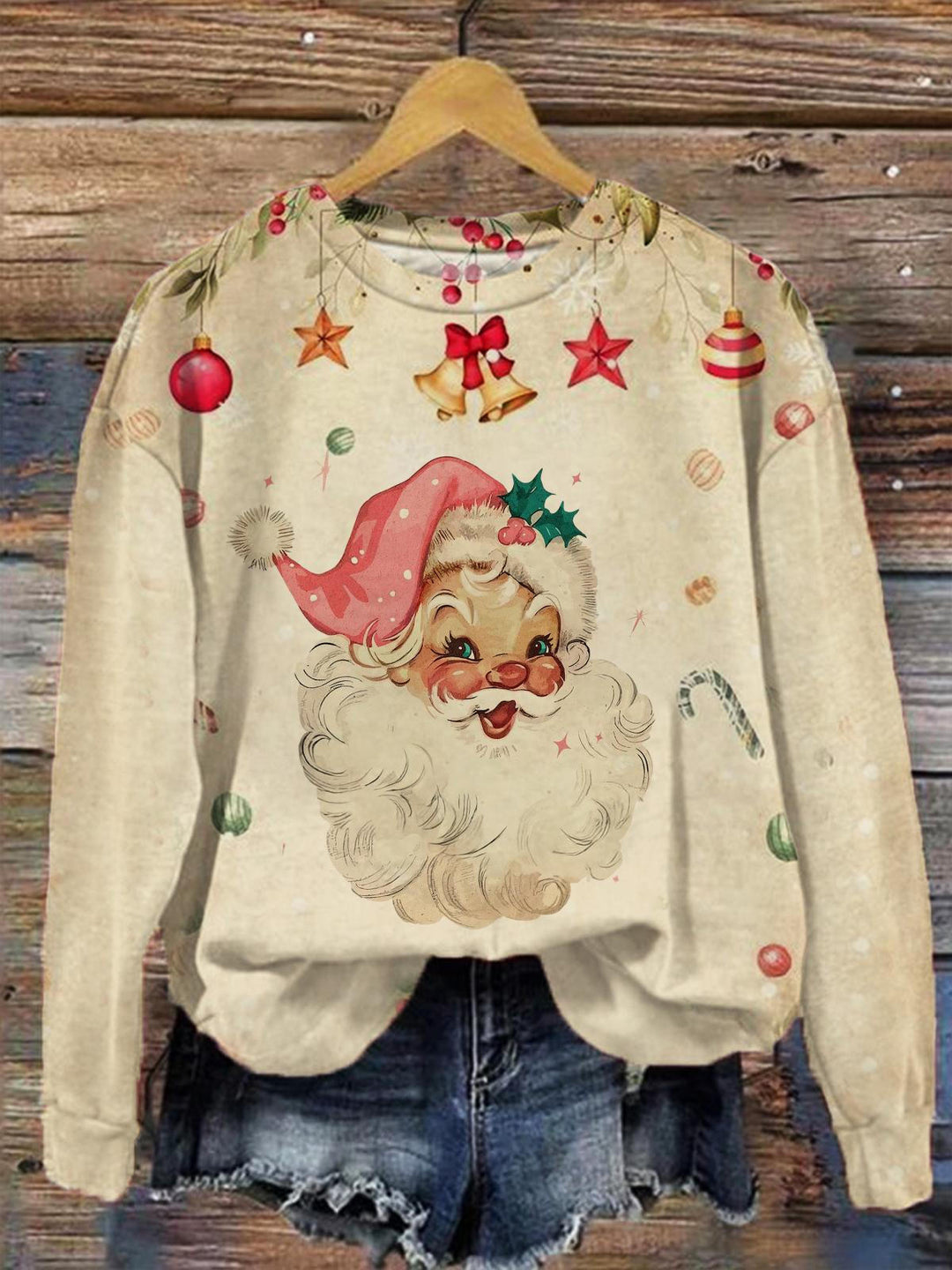 Women's Retro Santa Print Long Sleeve Top