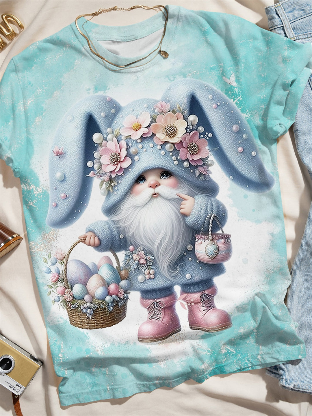 Cute Gnome Easter Print Crew Neck T-Shirt