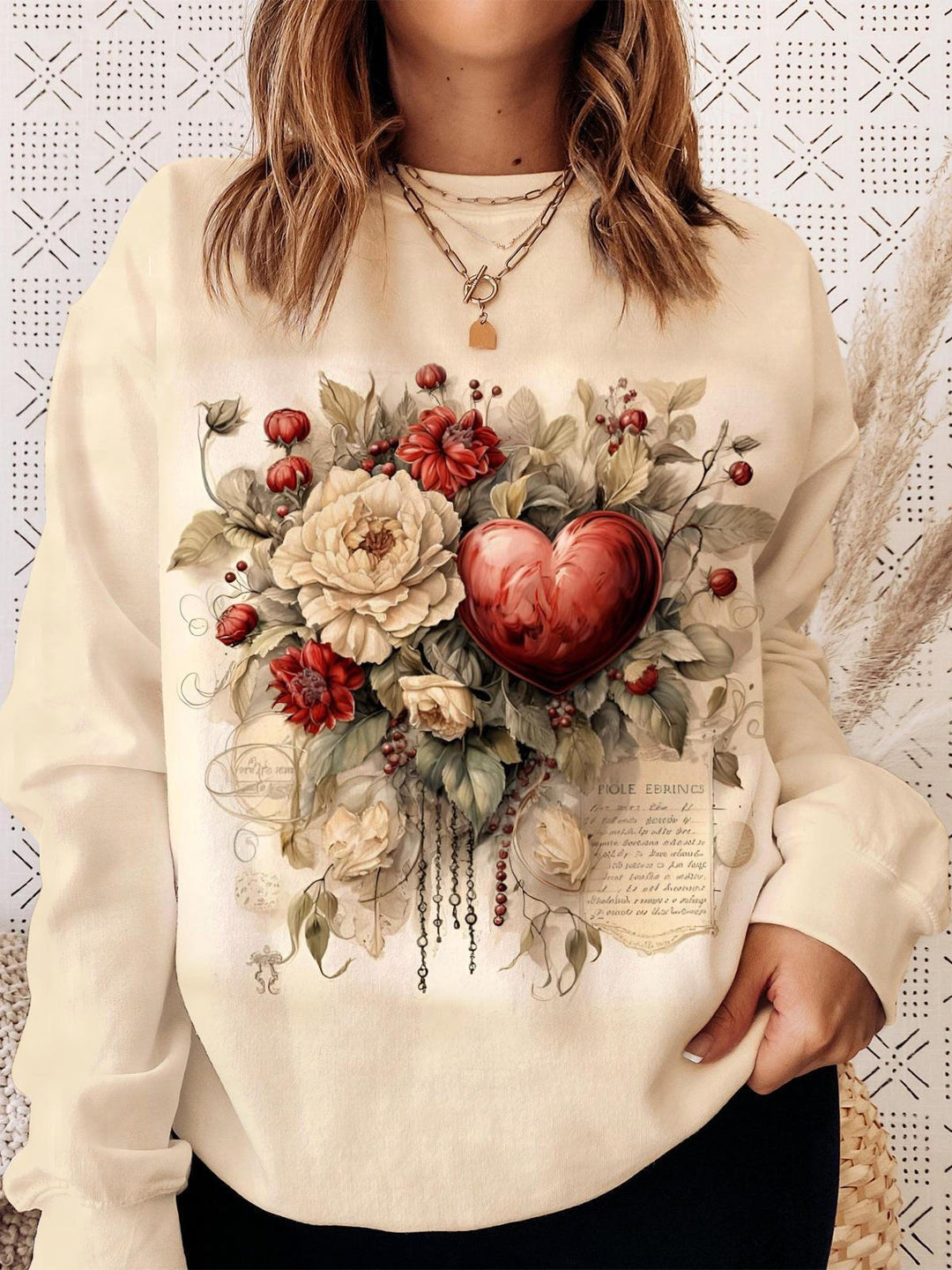 Women's Vintage Floral Heart Print Round Neck Long Sleeve Top