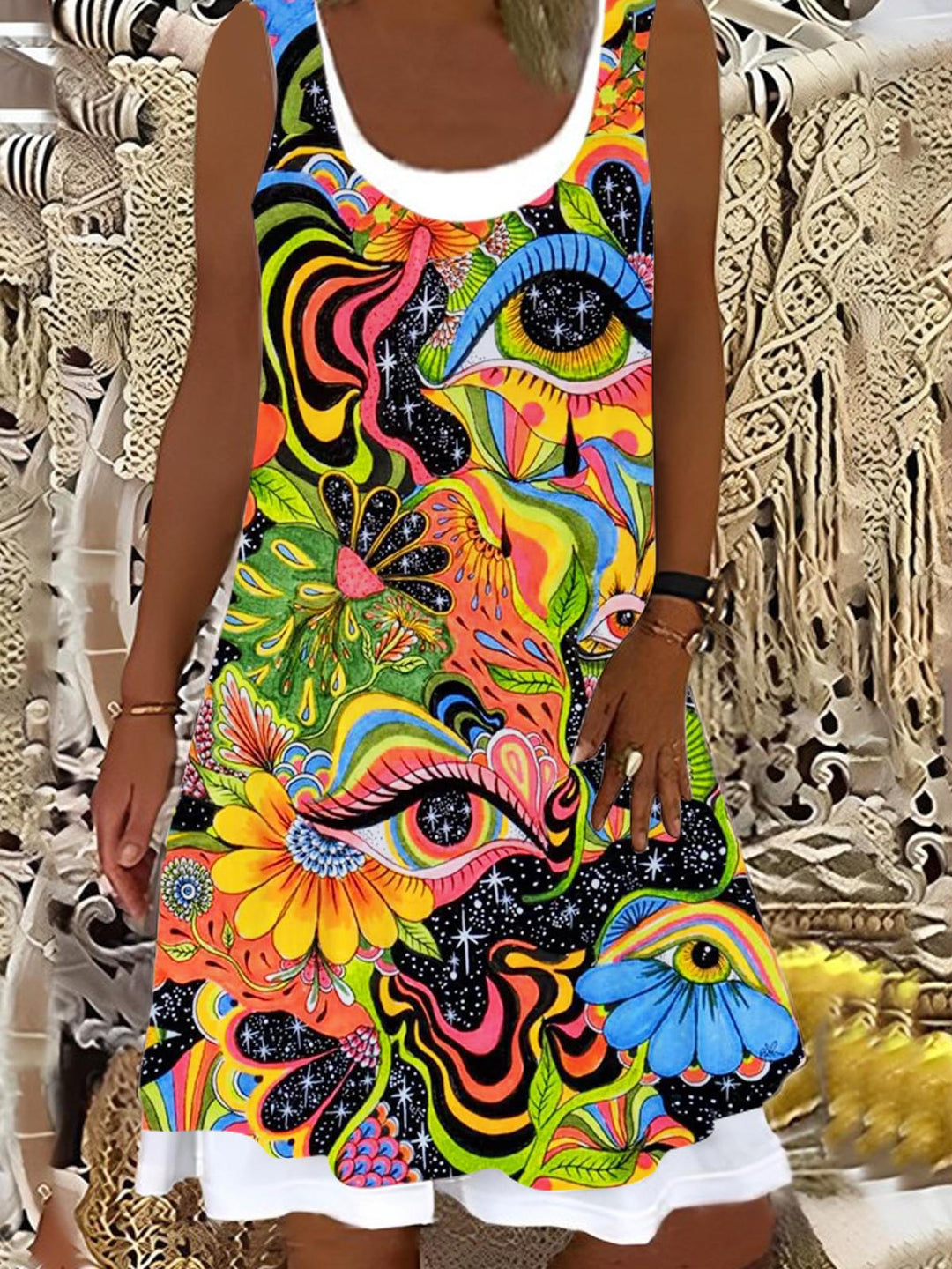 Floral Psychedelic Eyes Ladies False Two Dress
