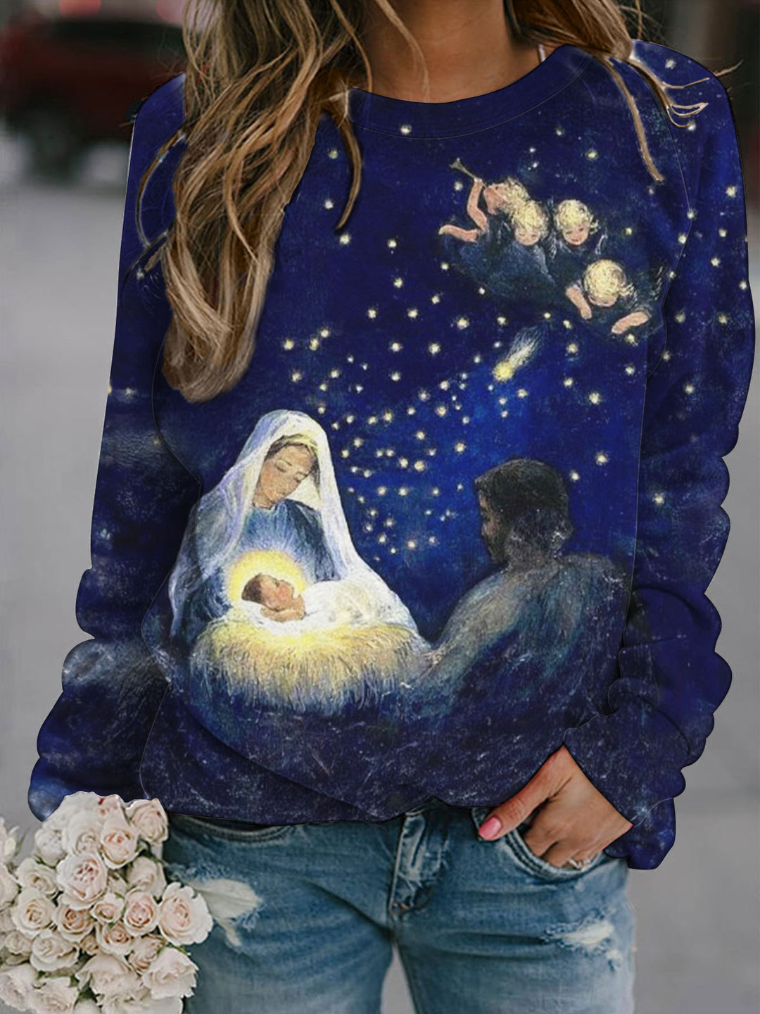 Nativity Print Long Sleeve Women's Top