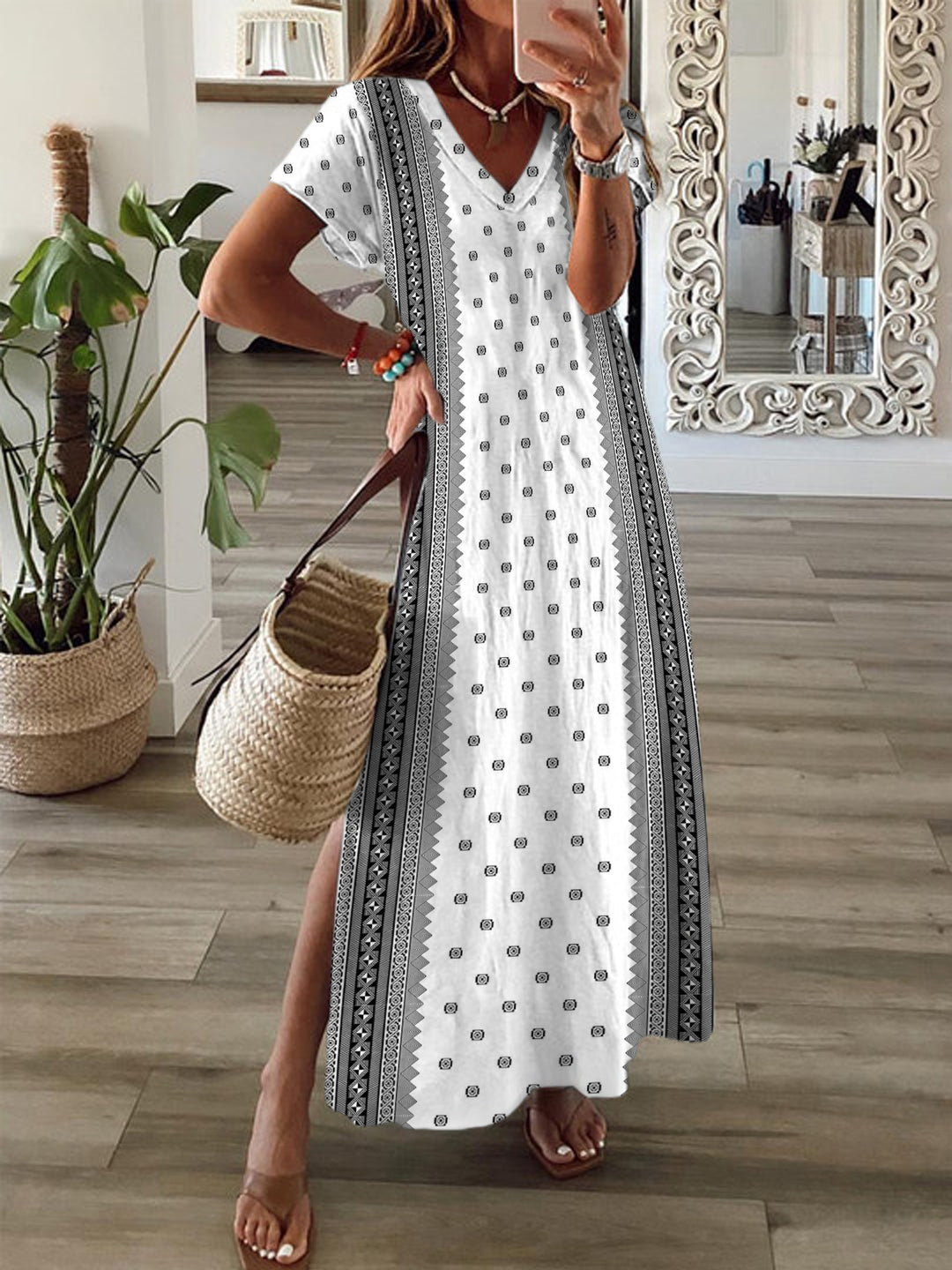 Geometric Print Short Sleeve V Neck Maxi Dress