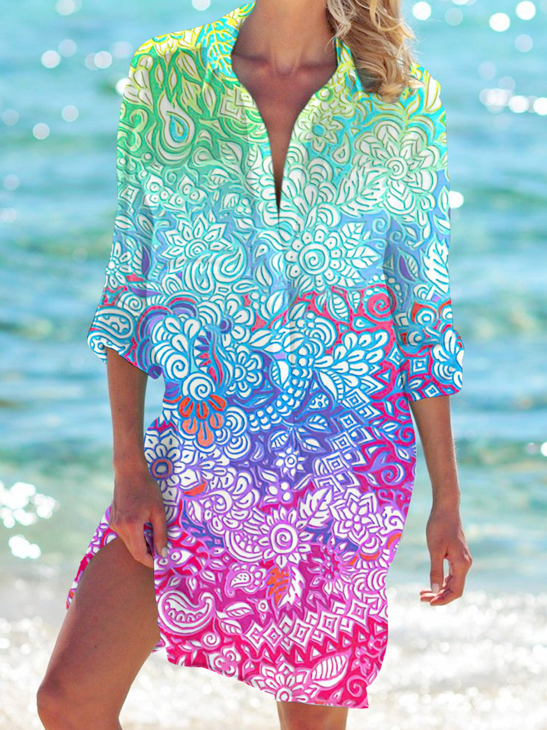 Colorful Ethnic Graphic Long Sleeve Beach Shirt Dress