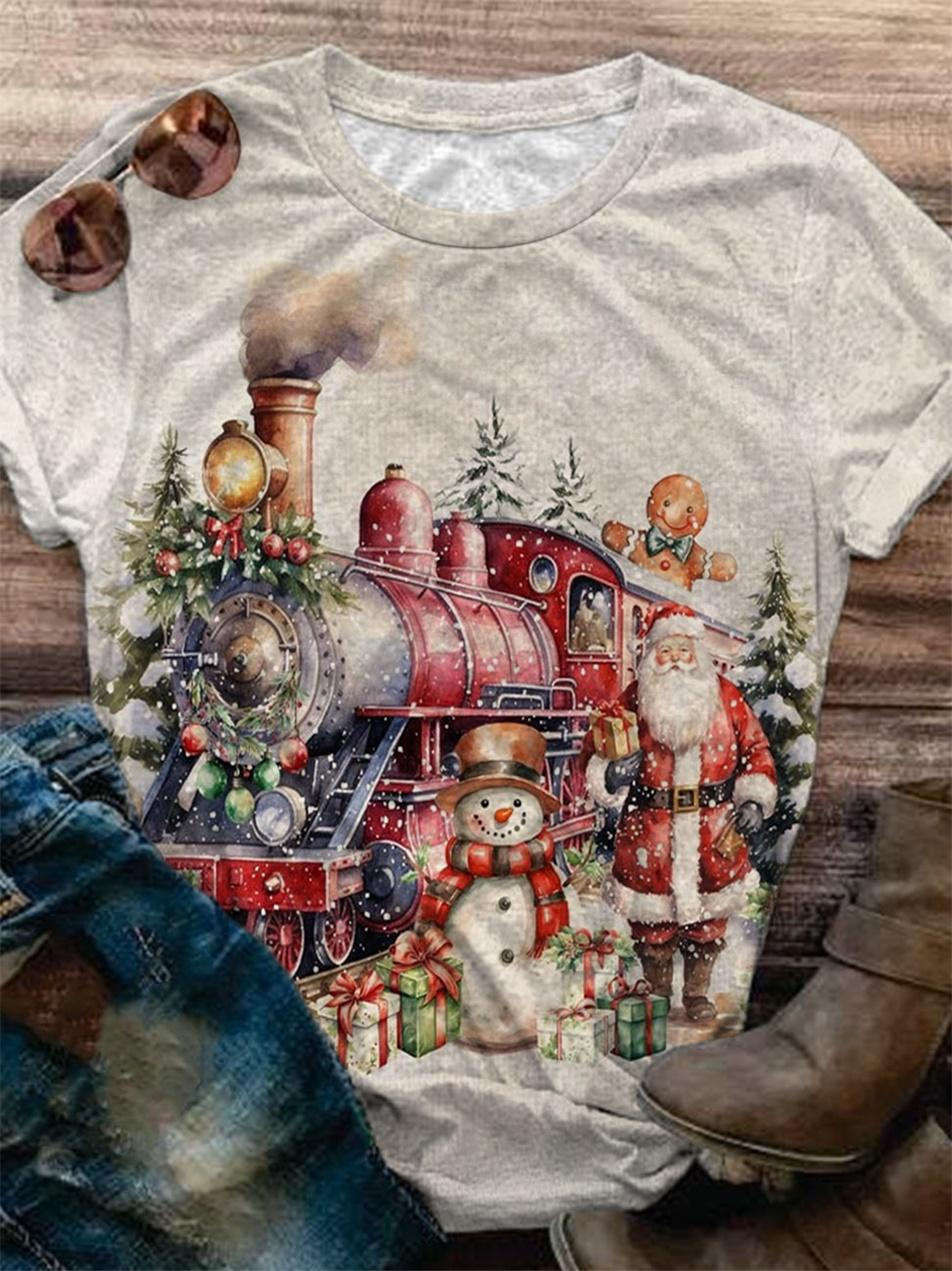 Red Christmas Train Print Crew Neck T-Shirt