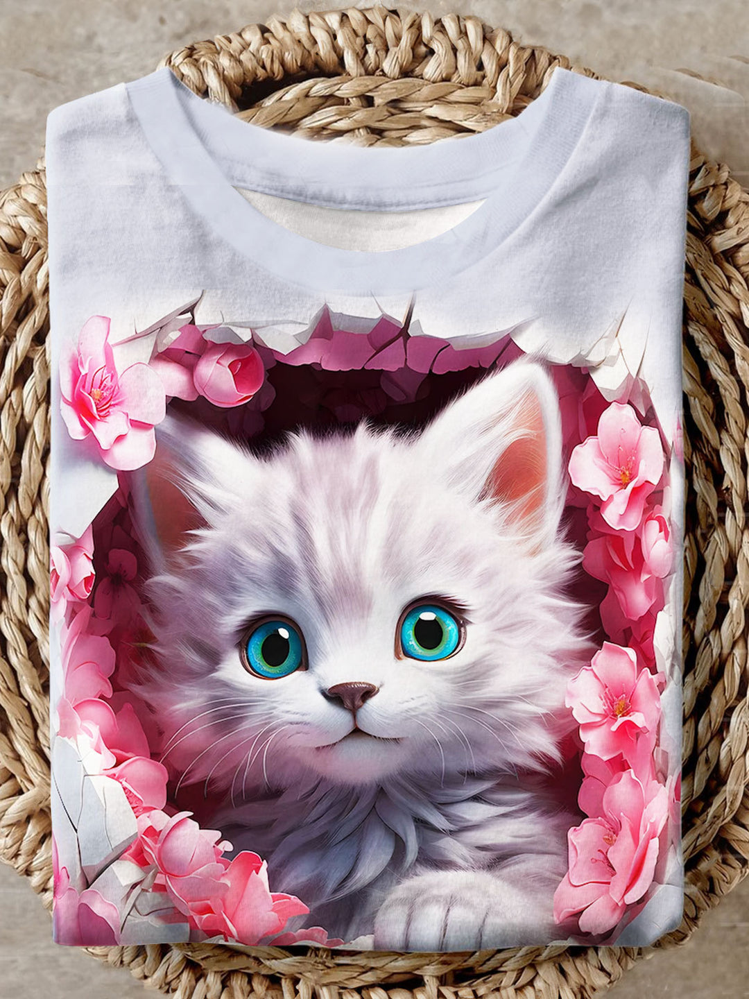 3D Floral Cat Print Short Sleeve Top