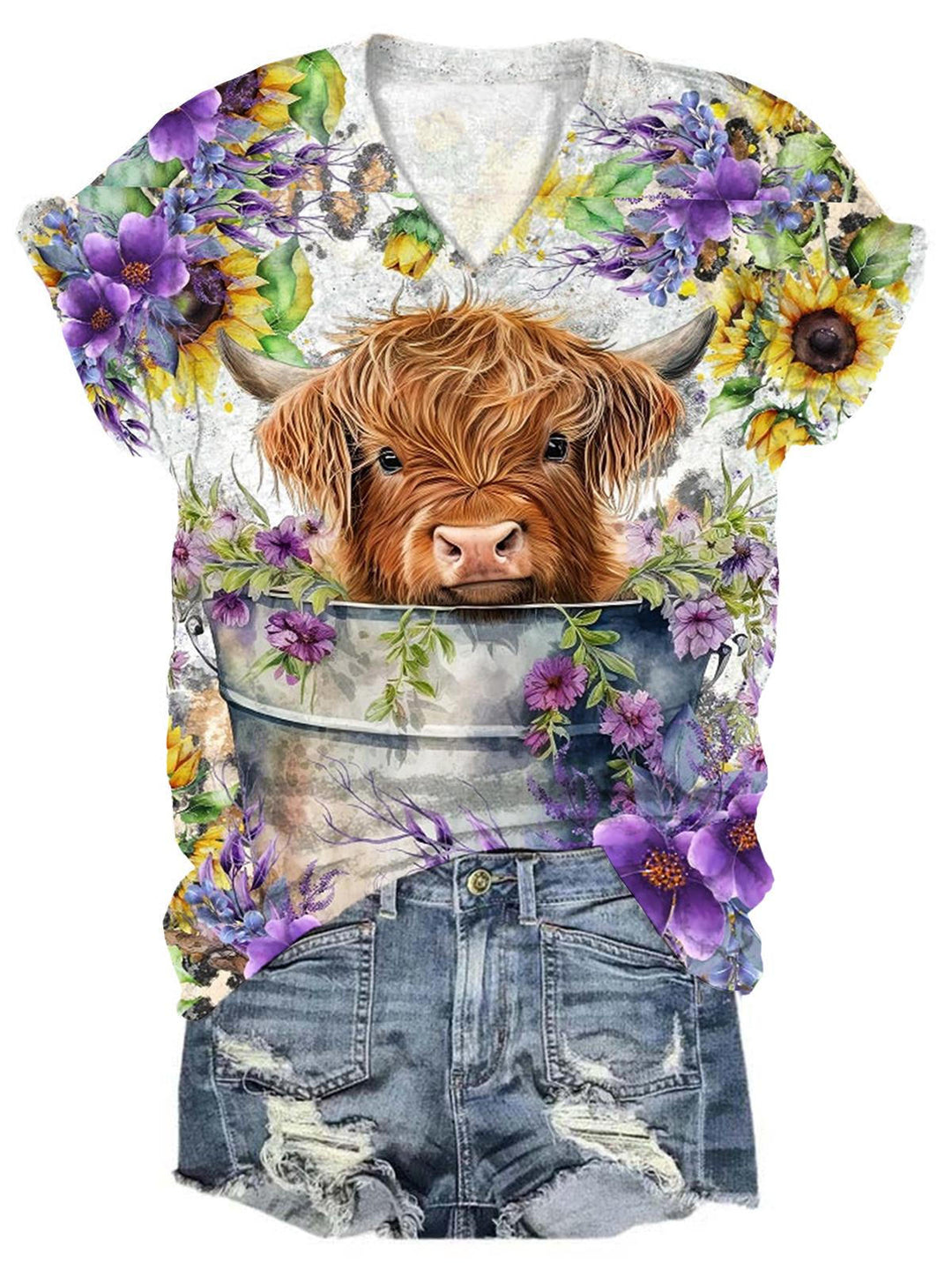 Women's Floral Highland Cow V-Neck Print Top