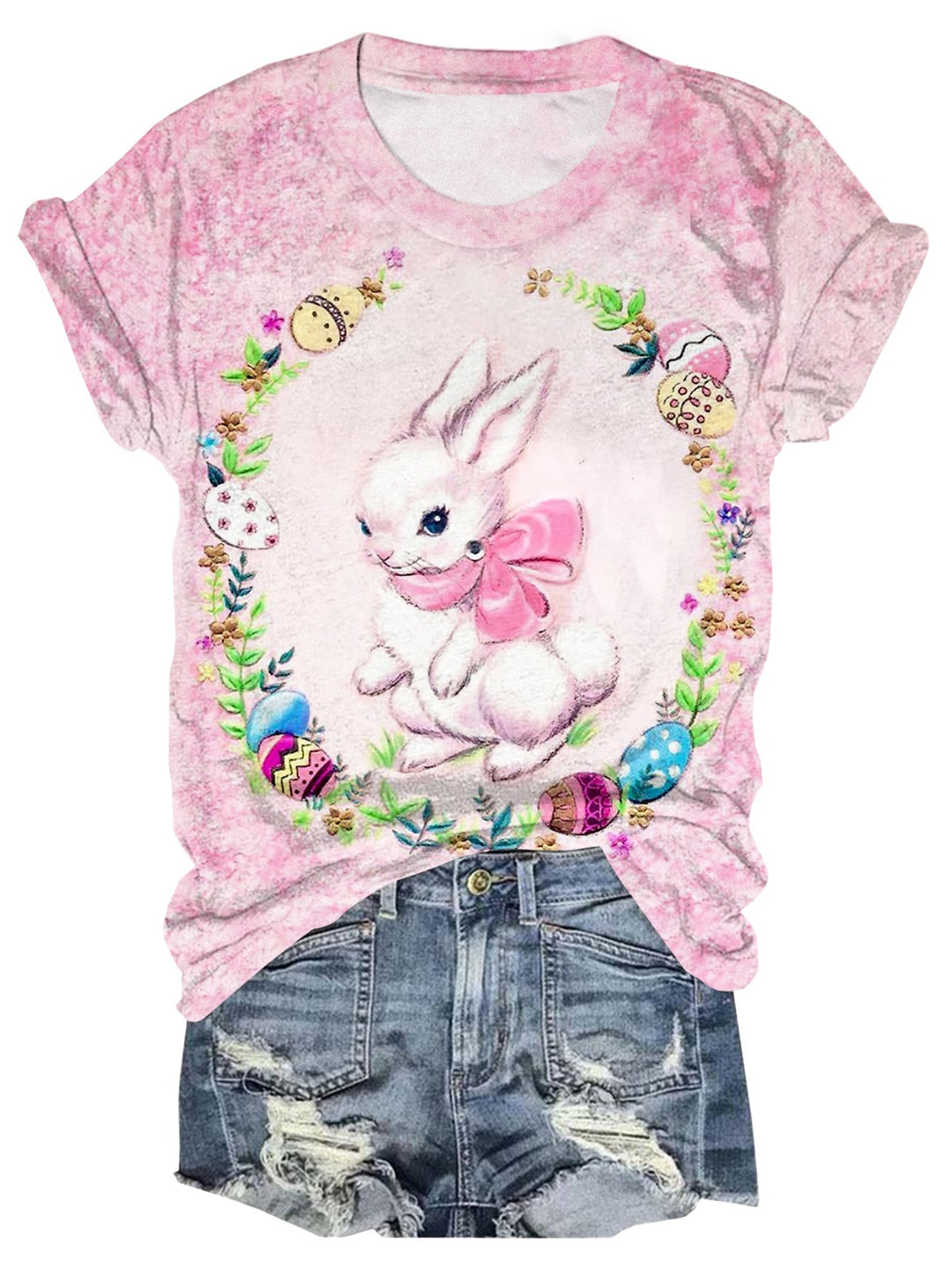 Spring Easter Bunny Print Crew Neck T-Shirt