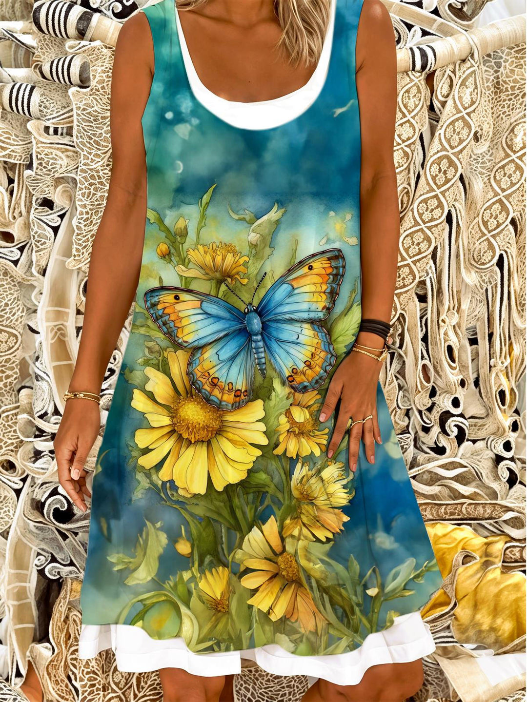 Watercolor Sunflower Butterfly Ladies False Two Dress