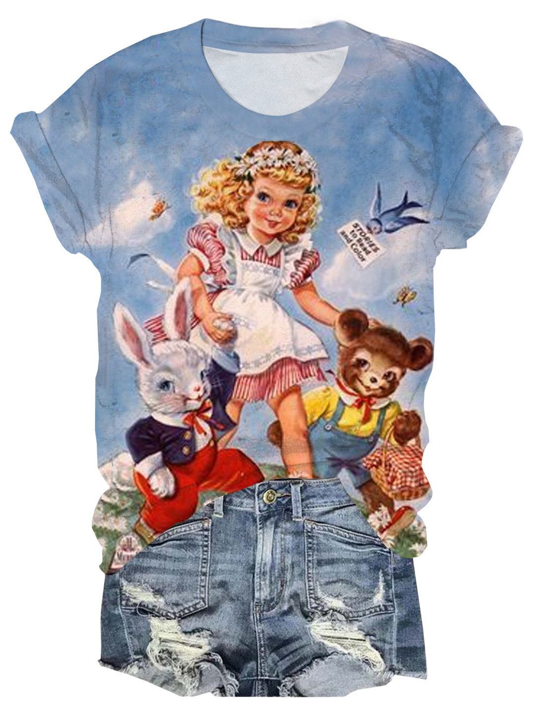 Vintage Girl Print Crew Neck T-Shirt