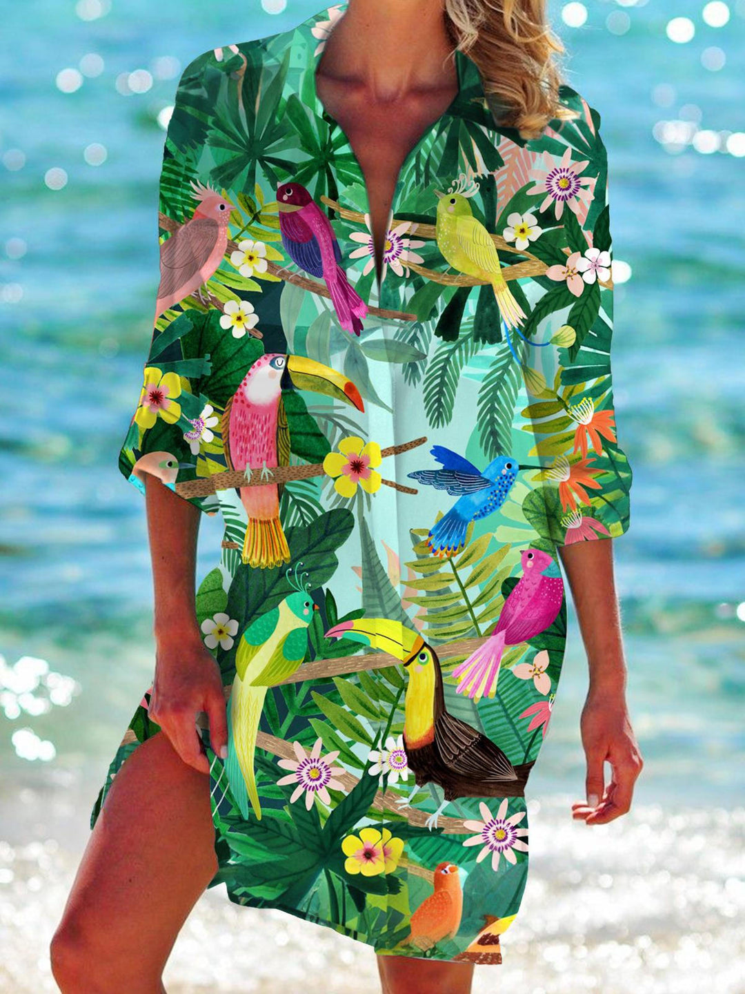 Flower And Birds Print Long Sleeve Beach Shirt Dress