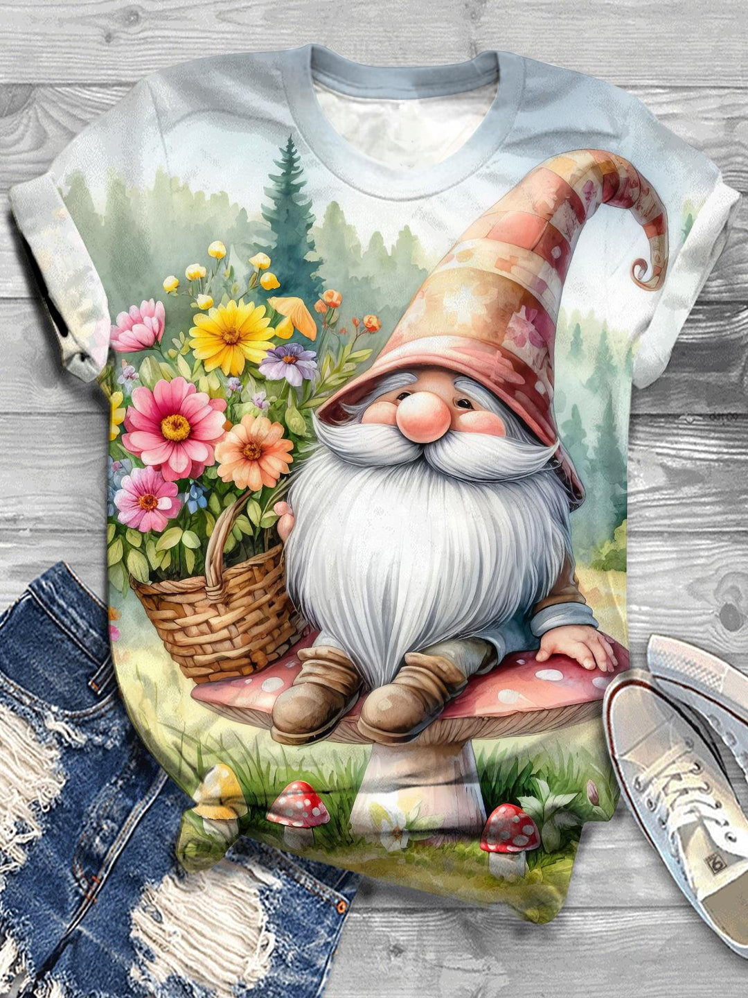 Garden Gnome Print Crew Neck T-shirt